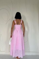 Pembe Askılı Aparatlı Brode Elbise