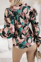 Kadın Uzun Kollu V Yaka Yaprak Desen Mosskrep Kumaş Bluz