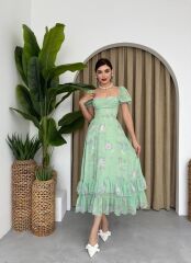 ŞİFON KUMAŞ DİJİTAL DESEN BASKILI ELBİSE