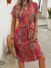 Kadın Kısa Kollu V Hakim Yaka Belden Kuşaklı Desenli Keten Elbise