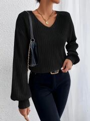 Kadın Uzun Kollu V Yakalı Salaş şardonlu Kaşkorse Bluz