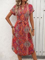 Kadın Kısa Kollu V Hakim Yaka Belden Kuşaklı Desenli Keten Elbise