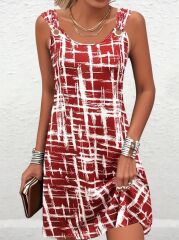 Kadın Askılı Kuş Gözü Detaylı Desenli Süprem Elbise