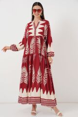 2423 Otantik Desenli Tesettür Elbise - G.Bordo