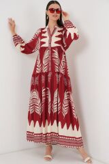 2423 Otantik Desenli Tesettür Elbise - G.Bordo
