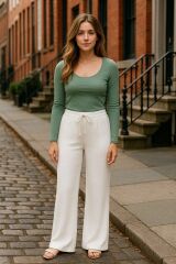 Kadın Beli Lastikli Pol Paça Pantolon