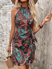 Kadın Omuzlardan Açık Yarı Balıkçı Yaka Yandan çapraz Bağlama Detaylı Süprem Kısa Elbise