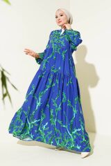 2423 Otantik Desenli Tesettür Elbise - T. Lacivert
