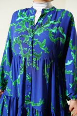 2423 Otantik Desenli Tesettür Elbise - T. Lacivert