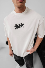 Erkek Baskılı Oversize T-shirt - Beyaz