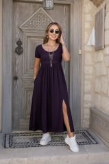 Kadın Kısa Kollu Yuvarlak Yaka önden Yırtmaçlı Cepli Viskon Uzun Elbise