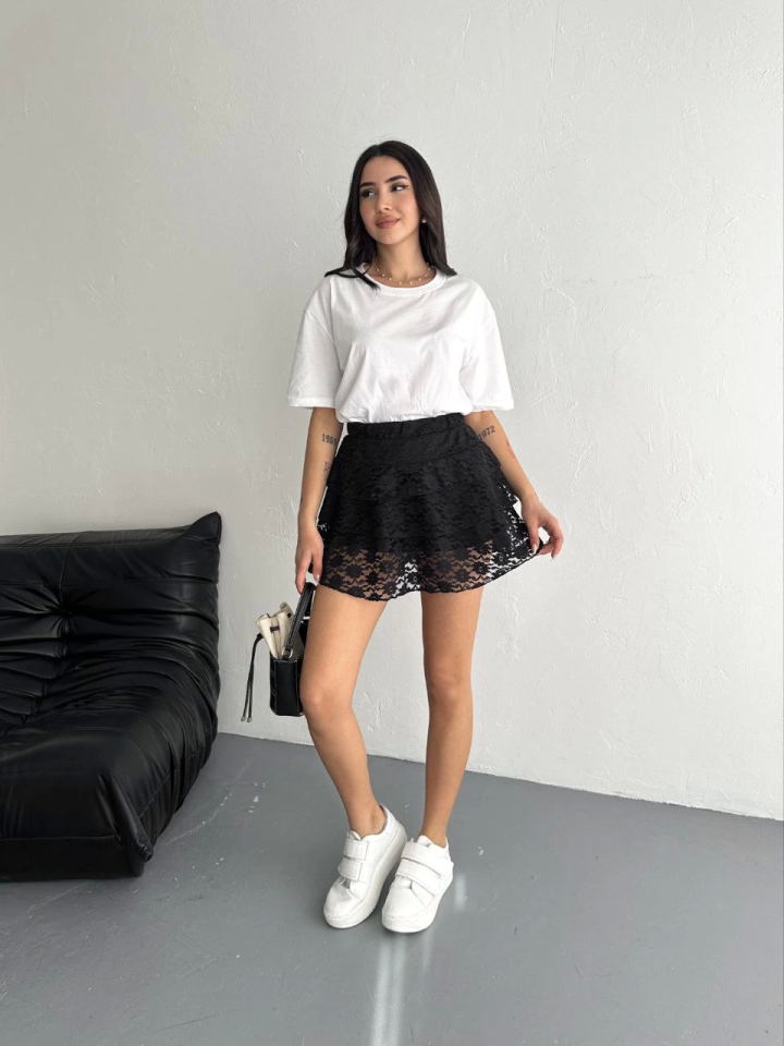 Dantel Şortlu Etek - Siyah