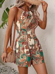 Kadın Omuzlardan Açık Boyun Arkasından Bağlamalı Beli Lastikli Desenli Süprem Kısa Tulum