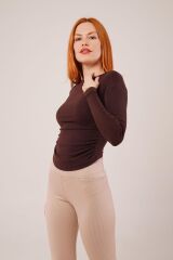 Yaka Detay Uzun Kollu Basic Kahverengi Bluz
