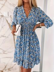 Kadın Truvakar  Kol Kruvaze Yakalı Beli Lastikli çiçek Desenli Süprem Elbise