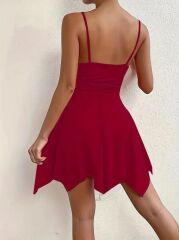 Kadın Ip Askılı V Yakalı Asimetrik Kesim Detaylı Janjan Krep Elbise