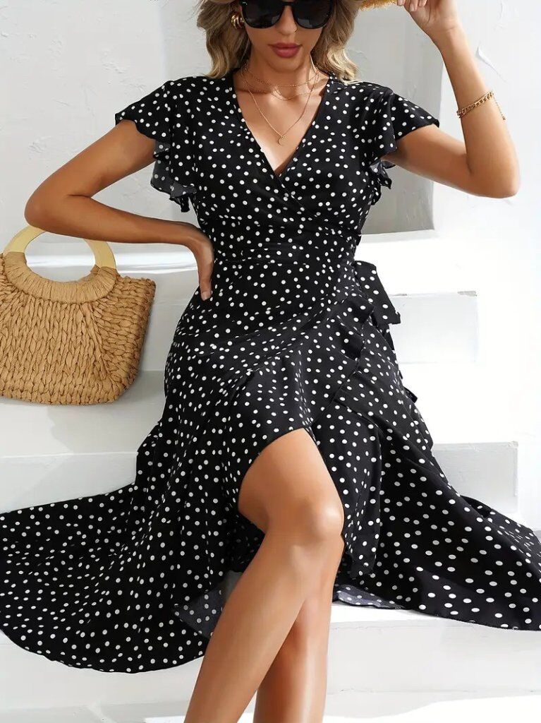 Kadın Kısa Kollu Kruvaze Yaka Yandan Bağlamalı Puantiyeli örme Krep Elbise