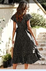 Kadın Kısa Kollu Kruvaze Yaka Yandan Bağlamalı Puantiyeli örme Krep Elbise