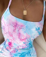 Kadın Omuz Askılı Dijital Baskılı Midi Boy Elbise