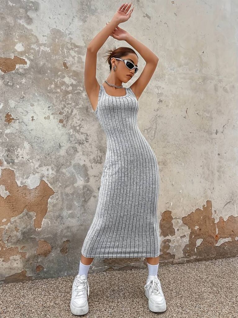 Kadın Kalın Askılı Kare Yaka Fitilli Kaşkorse Midi Boy Elbise