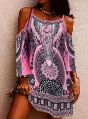 Kadın Askılı Omuzlardan Açık Truvakar Kol Desenli Kısa Süprem Elbise