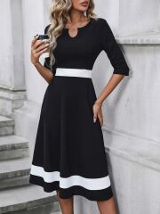 Kadın Truvakar  Kol Yakası Açık Blok Renkli Krep Midi Elbise