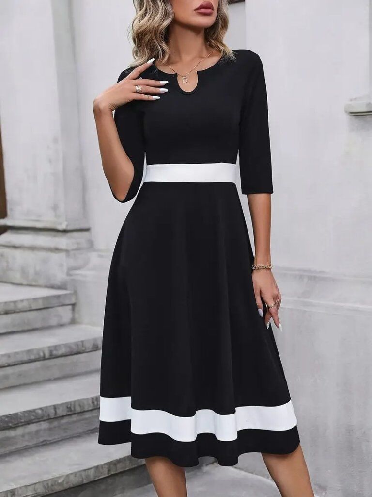 Kadın Truvakar  Kol Yakası Açık Blok Renkli Krep Midi Elbise