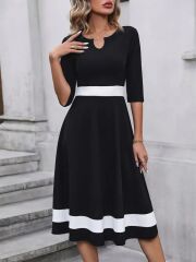 Kadın Truvakar  Kol Yakası Açık Blok Renkli Krep Midi Elbise