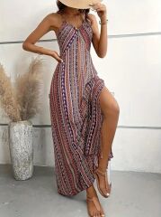 Kadın Ip Askılı Sırttan çapraz Detaylı Yırtmaçlı Desenli Süprem Elbise