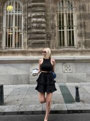 BEL LASTİKLİ KAT FIRFIR DETAYLI KISA ETEK - Siyah