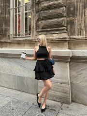 BEL LASTİKLİ KAT FIRFIR DETAYLI KISA ETEK - Siyah