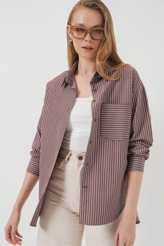 20205 Çizgili Oversize Gömlek - Kahverengi