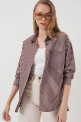 20205 Çizgili Oversize Gömlek - Kahverengi