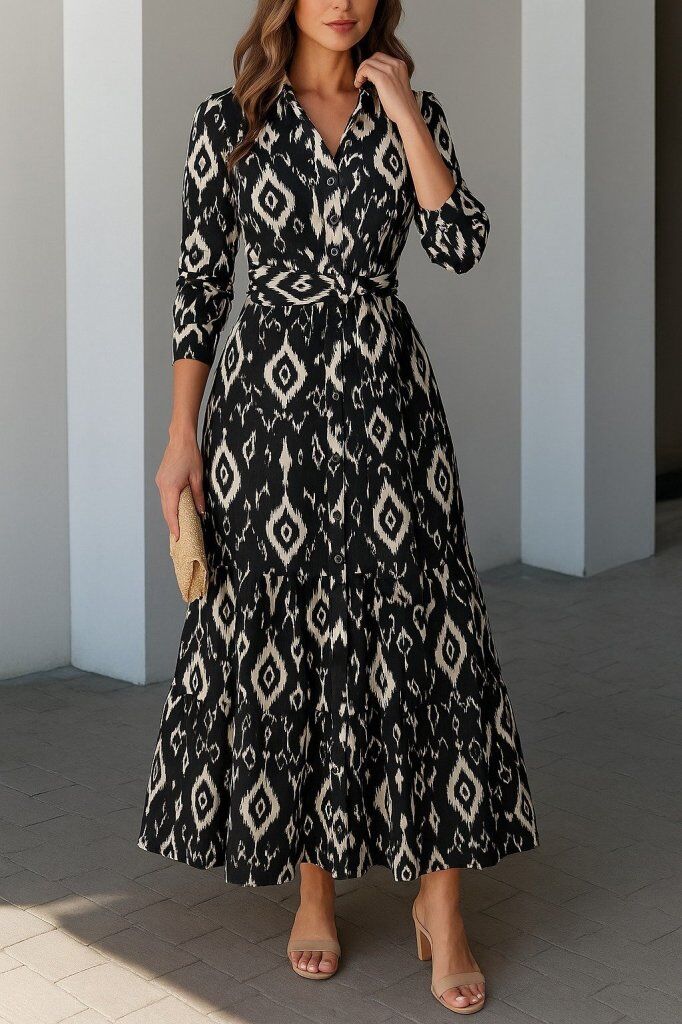 Kadın Uzun Kollu Eteği Fırfırlı Beli Kuşaklı Trikoton Tam Boy Gömlek Elbise