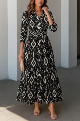 Kadın Uzun Kollu Eteği Fırfırlı Beli Kuşaklı Trikoton Tam Boy Gömlek Elbise