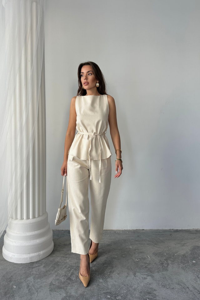 KETEN BLUZ - PANTOLON TAKIM MASSİMO MODELSCREAT KUMAŞ - Bej