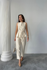 KETEN BLUZ - PANTOLON TAKIM MASSİMO MODELSCREAT KUMAŞ - Bej