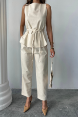 KETEN BLUZ - PANTOLON TAKIM MASSİMO MODELSCREAT KUMAŞ - Bej