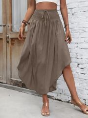 Kadın Yüksek Bel Belden Bağlamalı Asimetrik Kesim Detaylı Sandy Etek