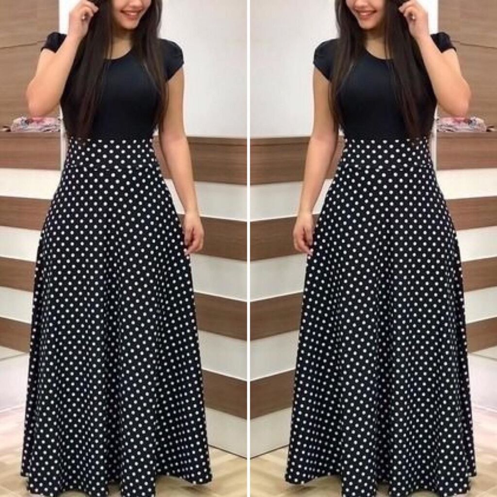 Kadın Kısa Kollu Puan Desen Tam Boy Krep Elbise