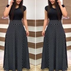 Kadın Kısa Kollu Puan Desen Tam Boy Krep Elbise