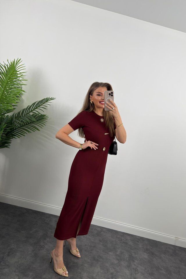 Kadın Ottoman Kumaş Likralı Düğme Tasarımlı Kısa Kol Kalem Elbise