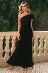 Kadın Asimetrik Yaka Detaylı Omuzu Açık Büzgülü Yırtmaçlı Sandy Elbise