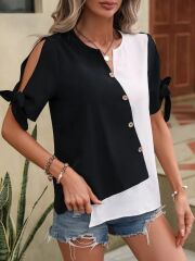 Kadın Kısa Kollu Kollardan Bağlamalı önden Asimetrik Kesim çift Renk Detaylı Düğmeli Ithal Krep Bluz