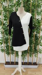 Kadın Kısa Kollu Kollardan Bağlamalı önden Asimetrik Kesim çift Renk Detaylı Düğmeli Ithal Krep Bluz