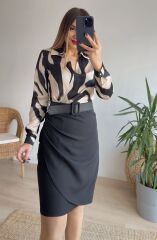 Kadın Uzun Kollu Yakalı üst Dalgıç Eteği Krep Kemerli Elbise