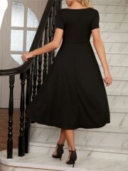 Kadın Kısa Kollu V Yakalı önden Pileli Midi Janjan Krep Elbise