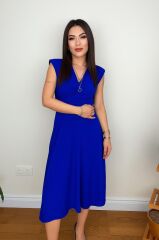 Kadın Kısa Kollu Kruvaze Yakalı Bel Korsajı Buzgulu Midi Janjan Krep Elbise