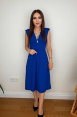 Kadın Kısa Kollu Kruvaze Yakalı Bel Korsajı Buzgulu Midi Janjan Krep Elbise