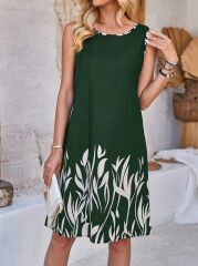 Kadın Askılı Yuvarlak Yakalı Yaprak Desenli Dalgıç Elbise